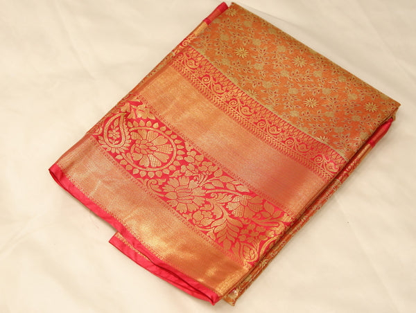 Burnt Orange Kanchipuram Inspired Semi Silk Saree with Medium Medium Contrast Border