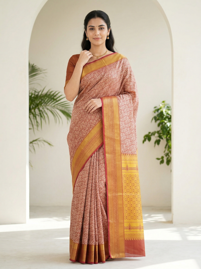 Dusty Rose Dharmavaram Inspired Semi Silk Saree with Medium Medium Contrast Border