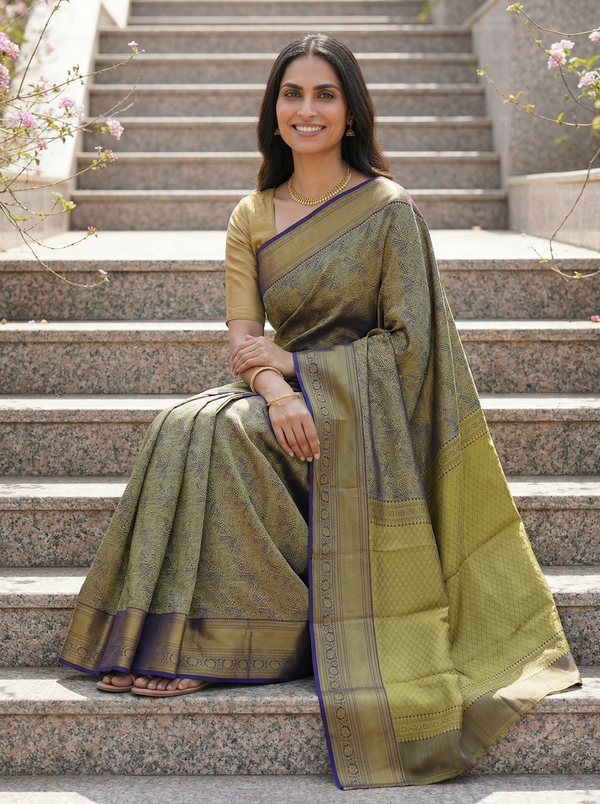 Antique Olive Kanchipuram Inspired Semi Silk Saree with Medium Medium Contrast Border