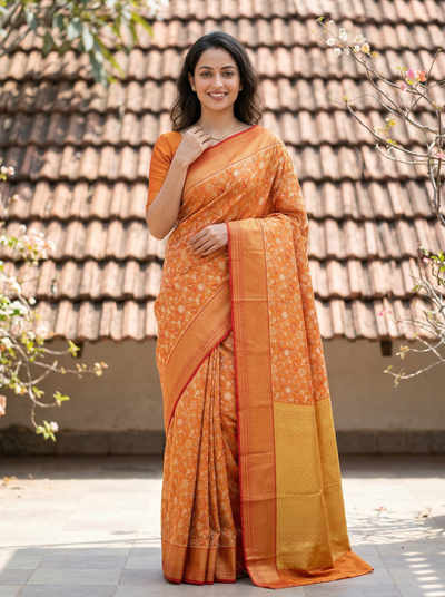 Burnt Orange Dharmavaram Inspired Semi Silk Saree with Medium Medium Contrast Border