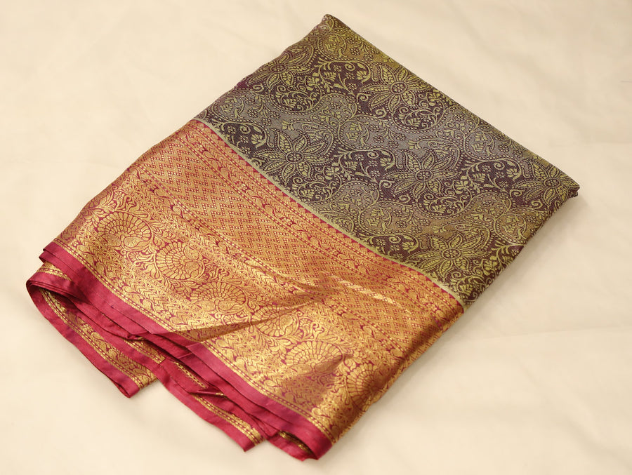 Aubergine Purple Kanchipuram Inspired Semi Silk Saree with Wide Wide Contrast Border