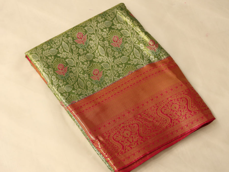 Sage Green Kanchipuram Inspired Semi Silk Saree with Wide Wide Contrast Border