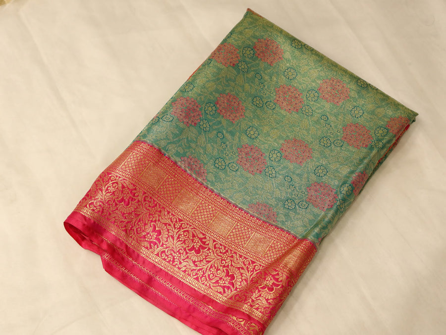 Mint Green Kanchipuram Inspired Semi Silk Saree with Wide Wide Contrast Border