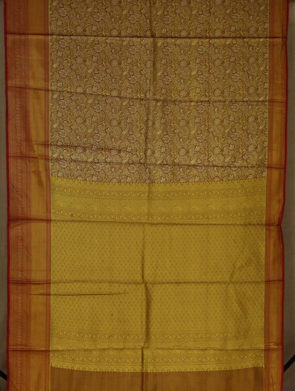 Champagne Gold Kanchipuram Inspired Semi Silk Saree with Wide Wide Contrast Border