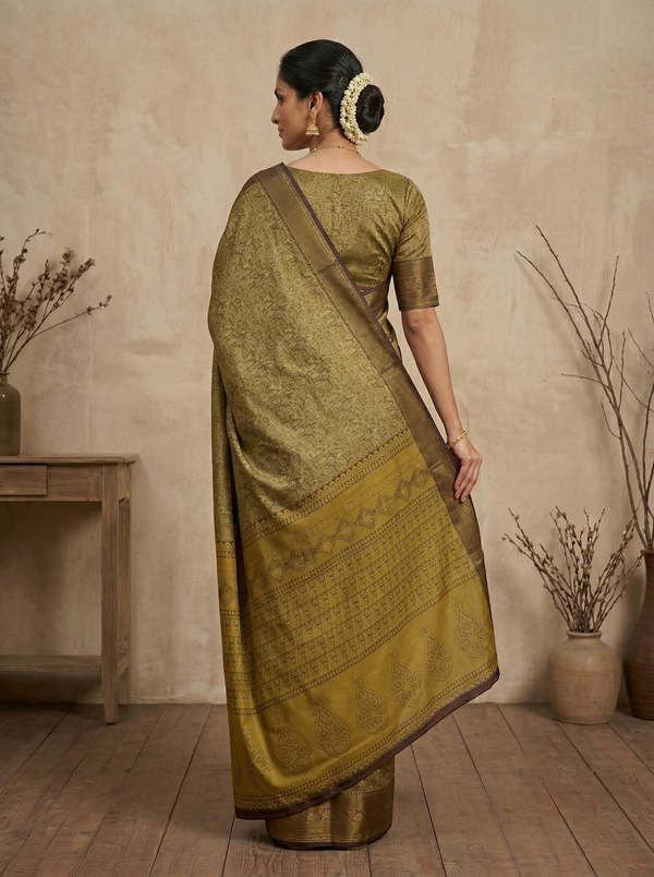 Antique Gold Dharmavaram Inspired Semi Silk Saree with Wide Wide Contrast Border