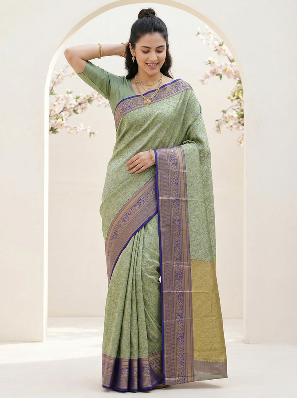Sage Green Kanchipuram Inspired Semi Silk Saree with Wide Wide Contrast Border