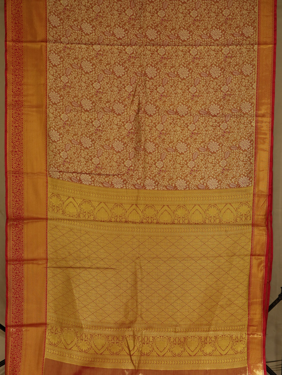 Burnt Orange Kanchipuram Inspired Semi Silk Saree with Wide Wide Contrast Border