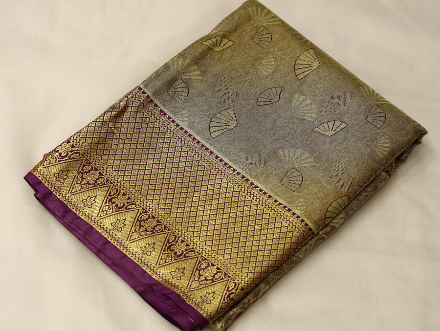 Antique Gold Kanchipuram Inspired Semi Silk Saree with Medium Medium Contrast Border
