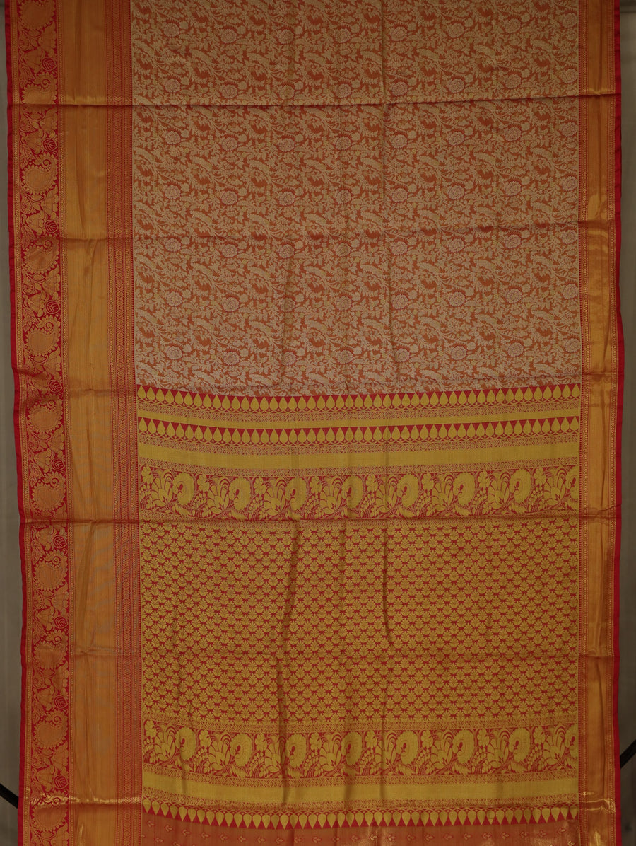 Terracotta Orange Dharmavaram Inspired Semi Silk Saree with Wide Wide Contrast Border