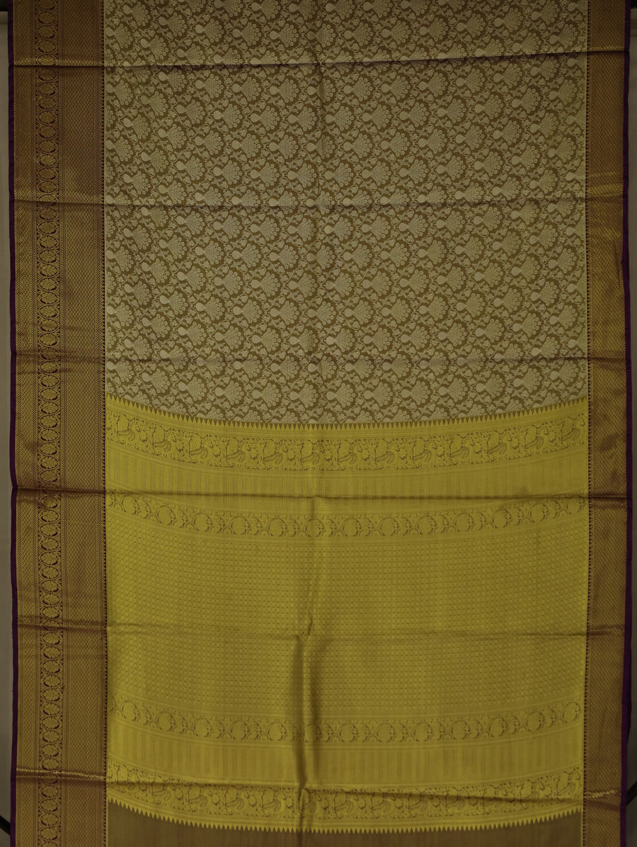 Champagne Gold Kanchipuram Inspired Semi Silk Saree with Wide Wide Contrast Border