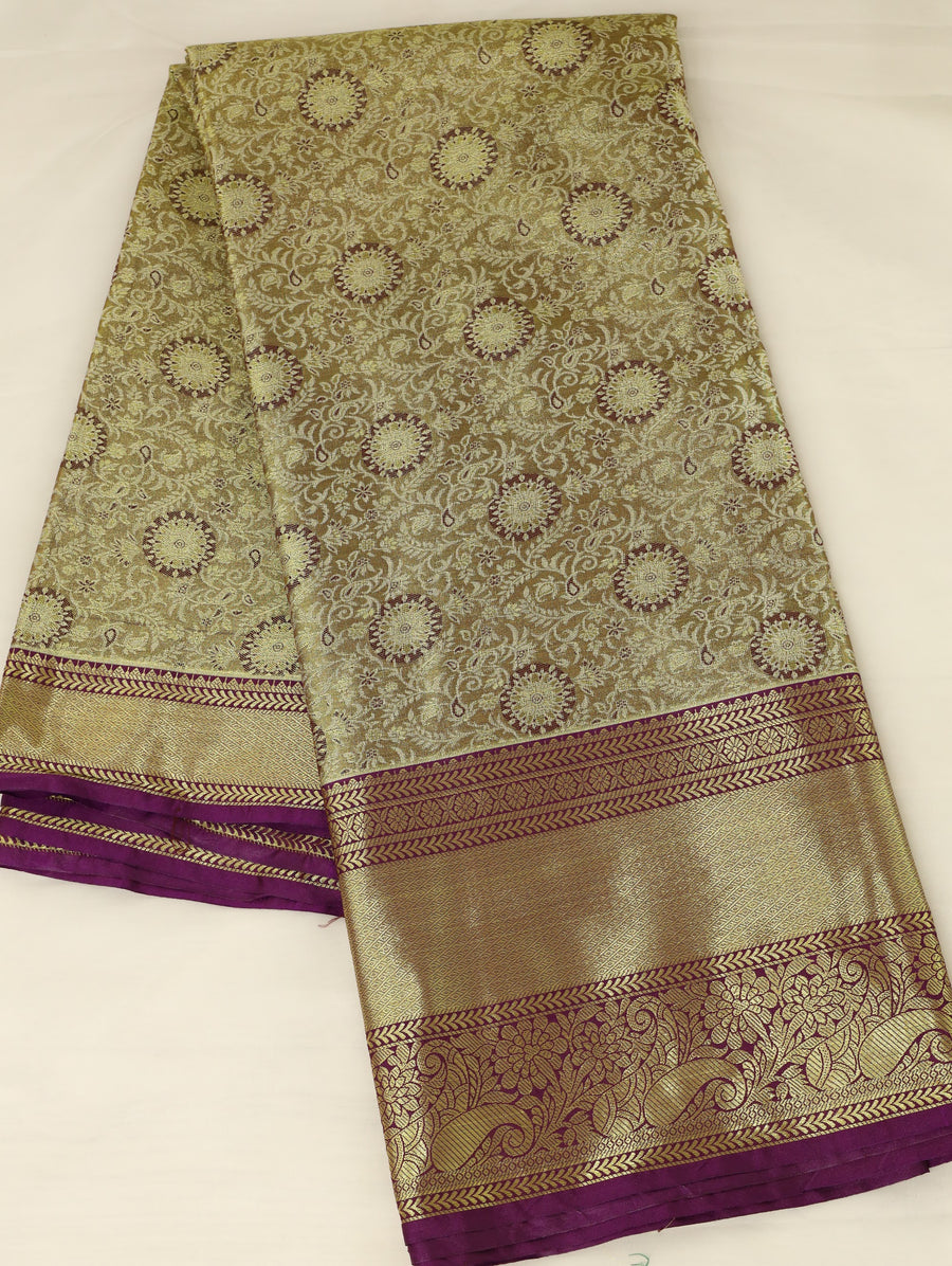 Champagne Gold Kanchipuram Inspired Semi Silk Saree with Narrow Narrow Contrast Border