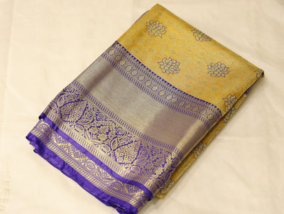 Mustard Yellow Kanchipuram Inspired Semi Silk Saree with Wide Wide Contrast Border
