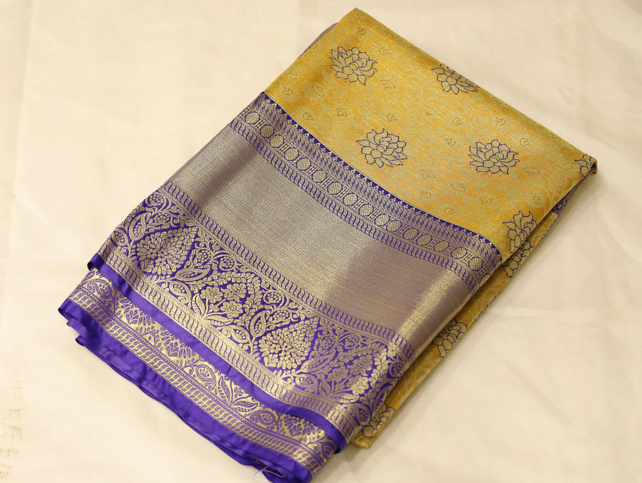 Mustard Yellow Kanchipuram Inspired Semi Silk Saree with Wide Wide Contrast Border