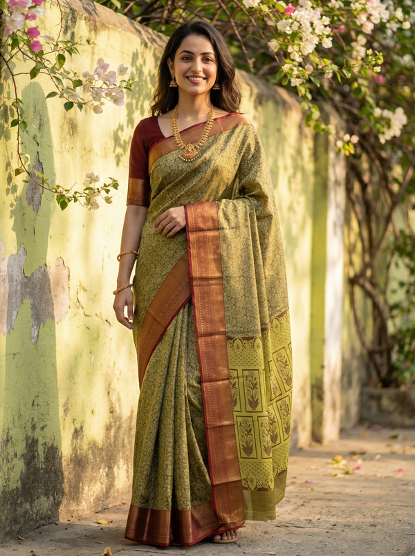 Olive Green Dharmavaram Inspired Semi Silk Saree with Wide Wide Contrast Border