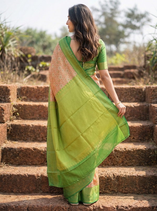 Dusty Peach Kanchipuram Inspired Semi Silk Saree with Wide Wide Contrast Border