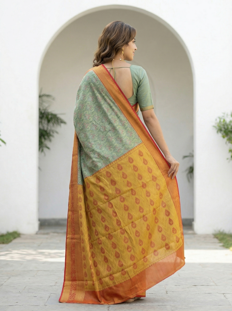 Sage Green Dharmavaram Inspired Semi Silk Saree with Medium Medium Contrast Border