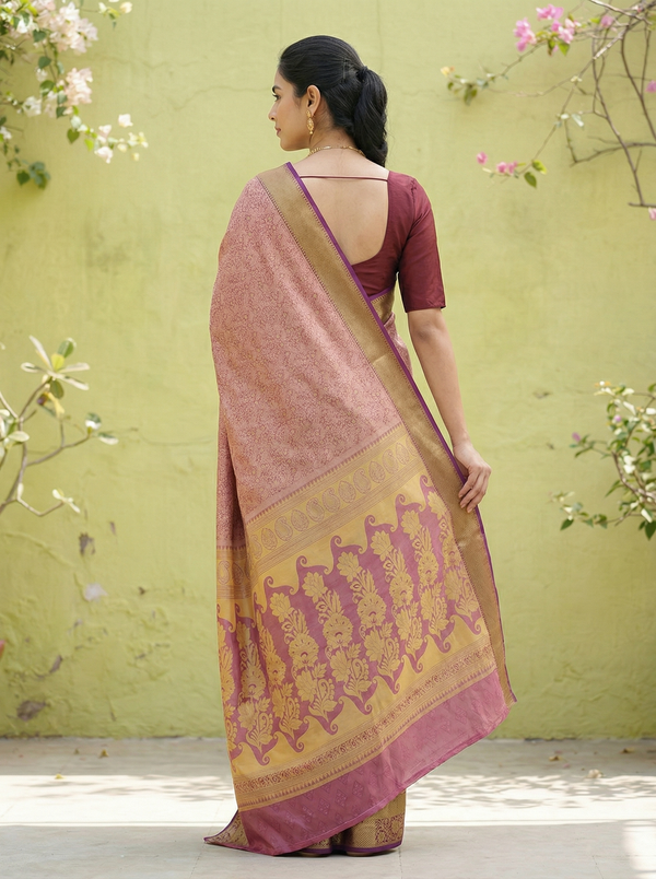 Blush Pink Dharmavaram Inspired Semi Silk Saree with Wide Wide Contrast Border