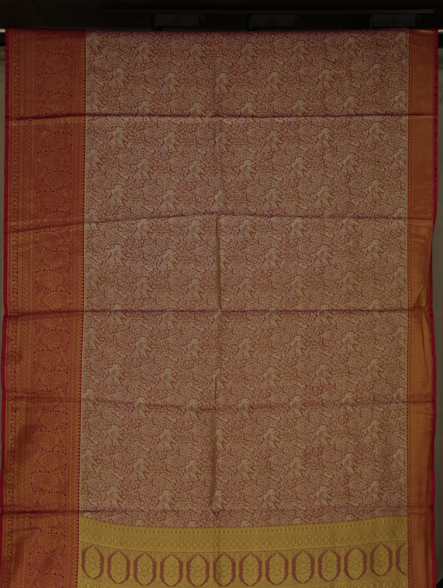Champagne Gold Kanchipuram Inspired Semi Silk Saree with Narrow Narrow Contrast Border