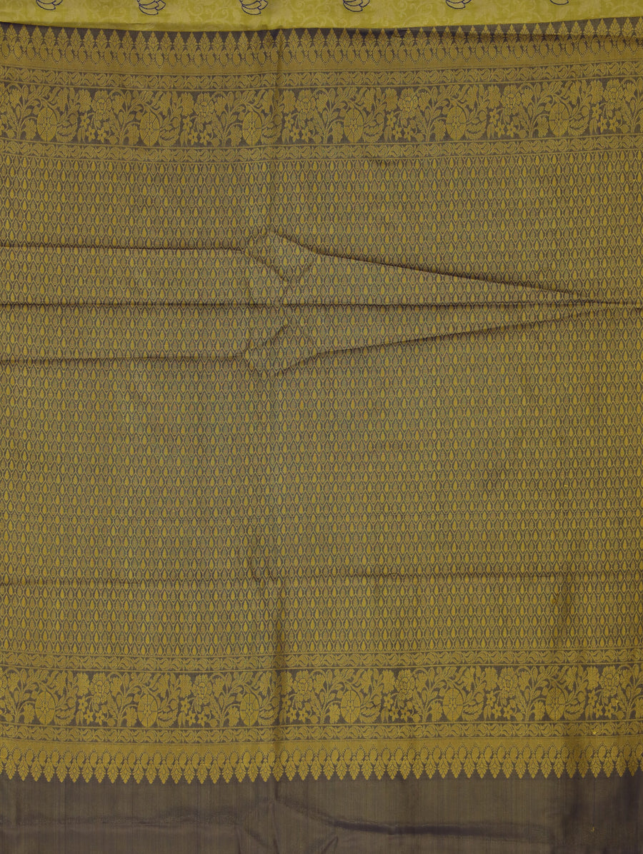 Golden Chartreuse Kanchipuram Inspired Semi Silk Saree with Wide Wide Contrast Border