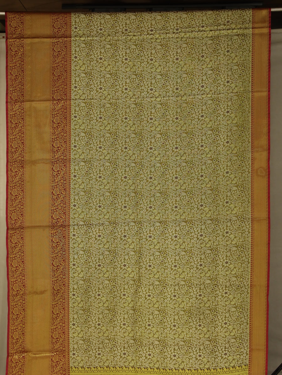 Olive Green Kanchipuram Inspired Semi Silk Saree with Wide Wide Contrast Border