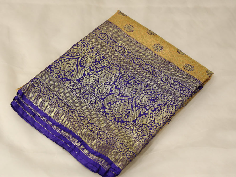 Mustard Gold Kanchipuram Inspired Semi Silk Saree with Medium Medium Contrast Border