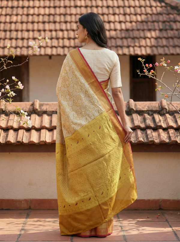 Champagne Gold Dharmavaram Inspired Semi Silk Saree with Wide Wide Contrast Border