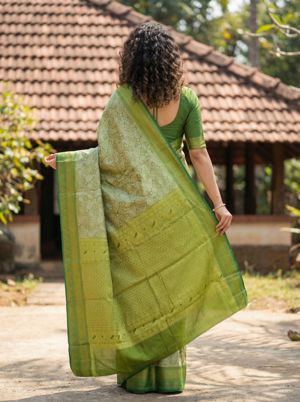 Olive Green Uppada Inspired Semi Silk Saree with Medium Medium Contrast Border