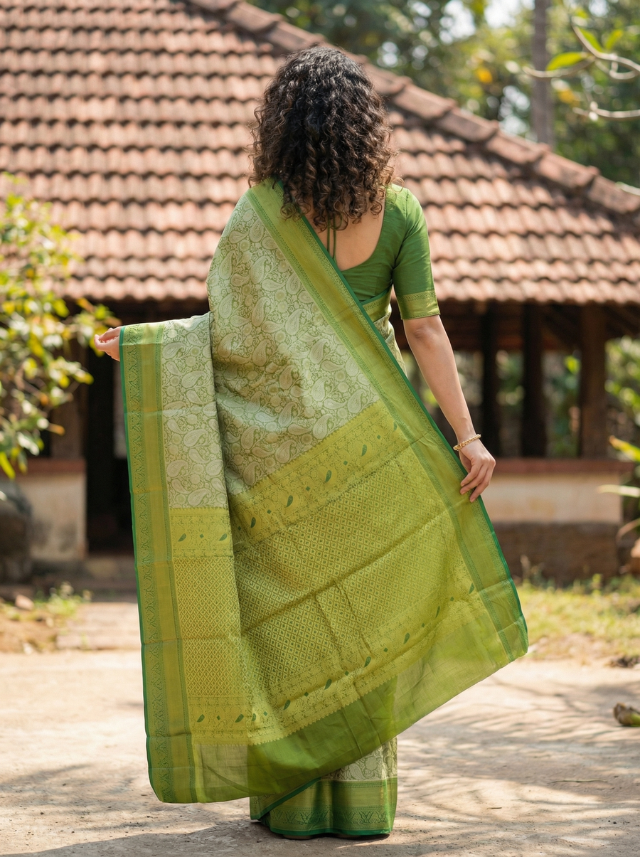 Olive Green Uppada Inspired Semi Silk Saree with Medium Medium Contrast Border