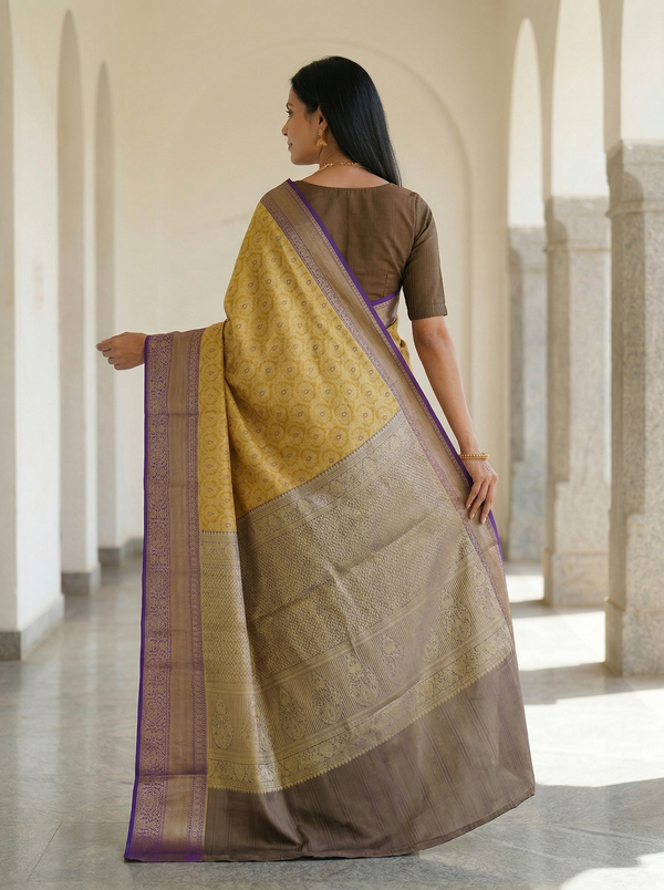 Mustard Yellow Kanchipuram Inspired Semi Silk Saree with Wide Wide Contrast Border