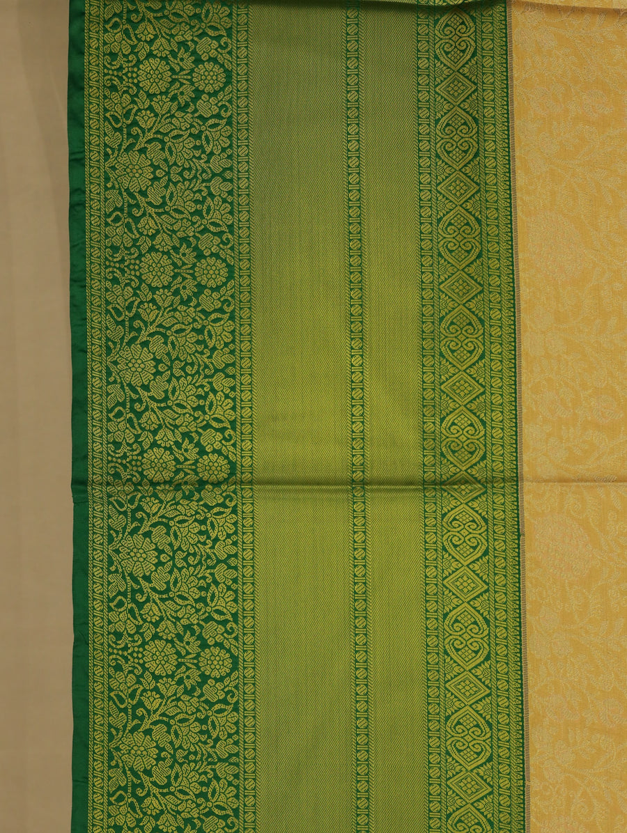 Champagne Gold Kanchipuram Inspired Semi Silk Saree with Wide Wide Contrast Border
