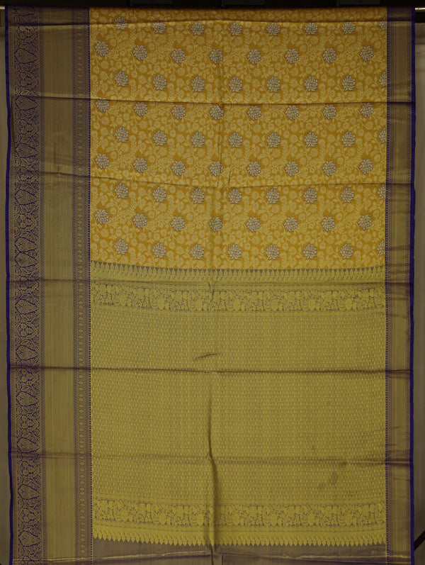 Mustard Yellow Kanchipuram Inspired Semi Silk Saree with Wide Wide Contrast Border