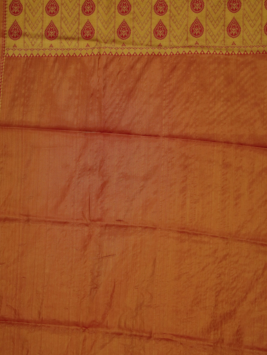Saffron Yellow Kanchipuram Inspired Semi Silk Saree with Medium Medium Contrast Border