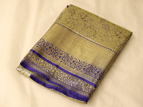 Champagne Gold Kanchipuram Inspired Semi Silk Saree with Narrow Narrow Contrast Border