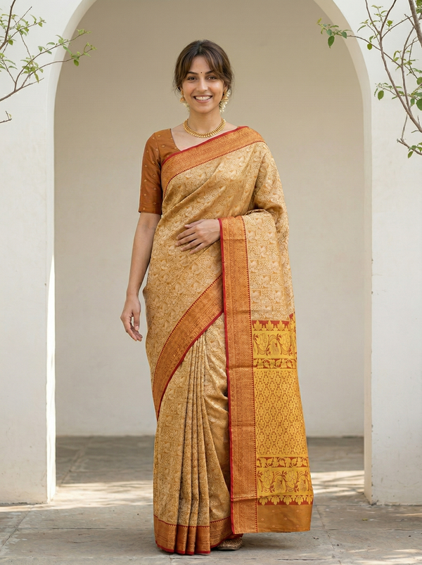 Champagne Gold Kanchipuram Inspired Semi Silk Saree with Medium Medium Contrast Border