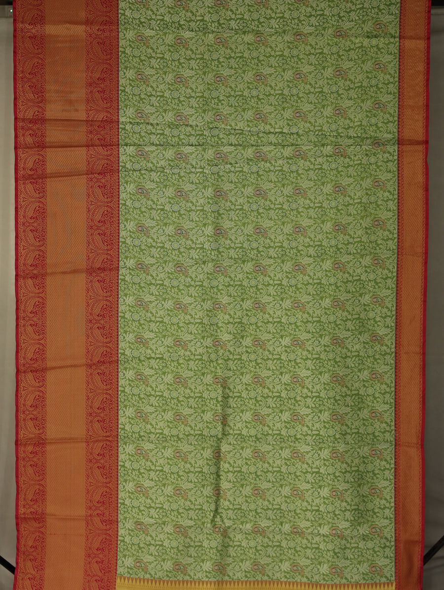 Sage Green Kanchipuram Inspired Semi Silk Saree with Wide Wide Contrast Border