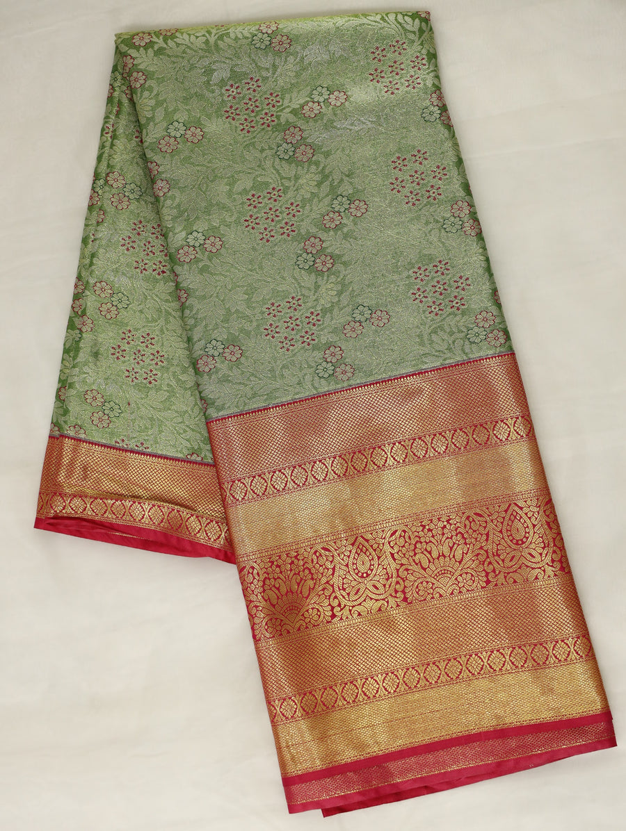 Sage Green Kanchipuram Inspired Semi Silk Saree with Wide Wide Contrast Border