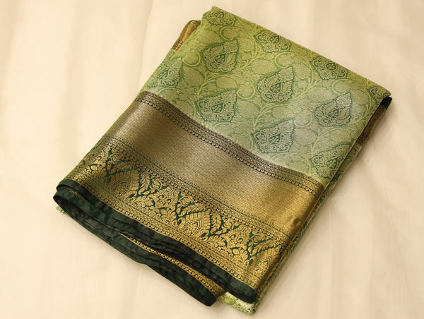 Moss Green Kanchipuram Inspired Semi Silk Saree with Wide Wide Contrast Border