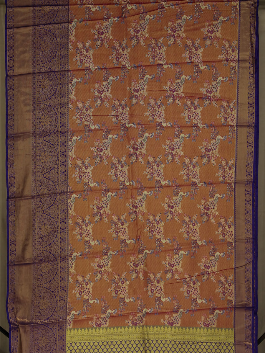 Burnt Orange Kanchipuram Inspired Semi Silk Saree with Wide Wide Contrast Border