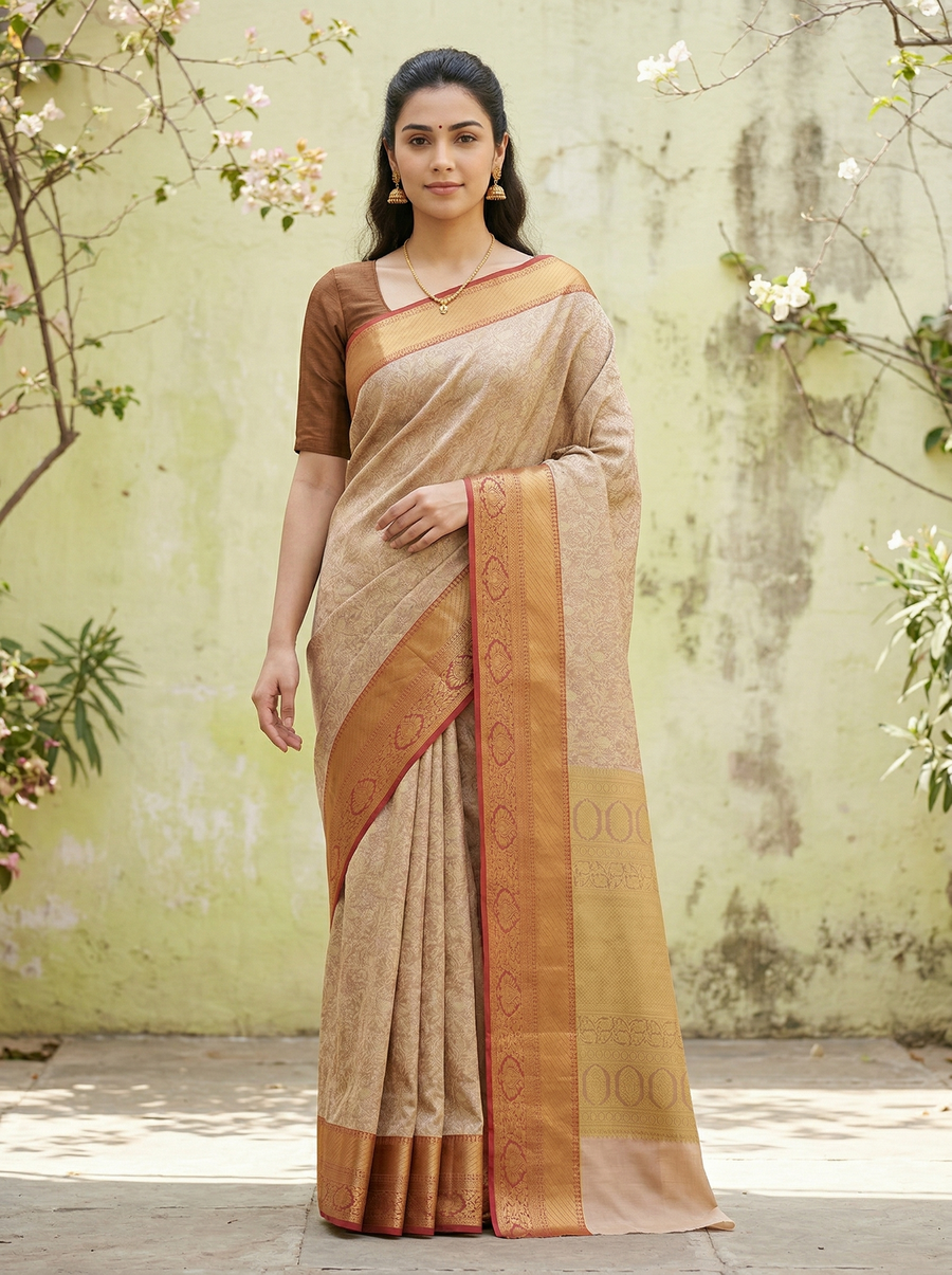 Champagne Gold Dharmavaram Inspired Semi Silk Saree with Wide Wide Contrast Border