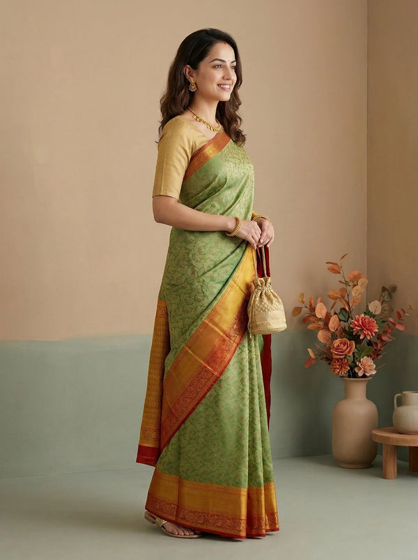 Sage Green Kanchipuram Inspired Semi Silk Saree with Wide Wide Contrast Border