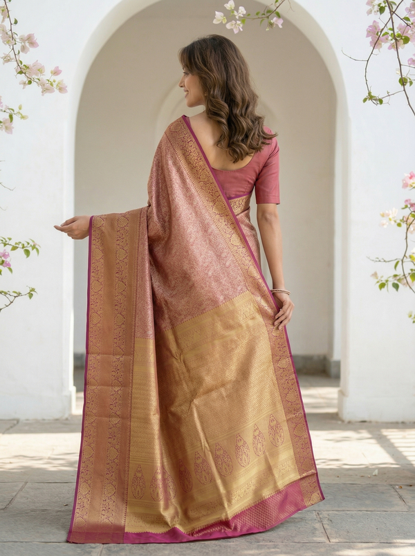 Dusty Rose Kanchipuram Inspired Semi Silk Saree with Wide Wide Contrast Border
