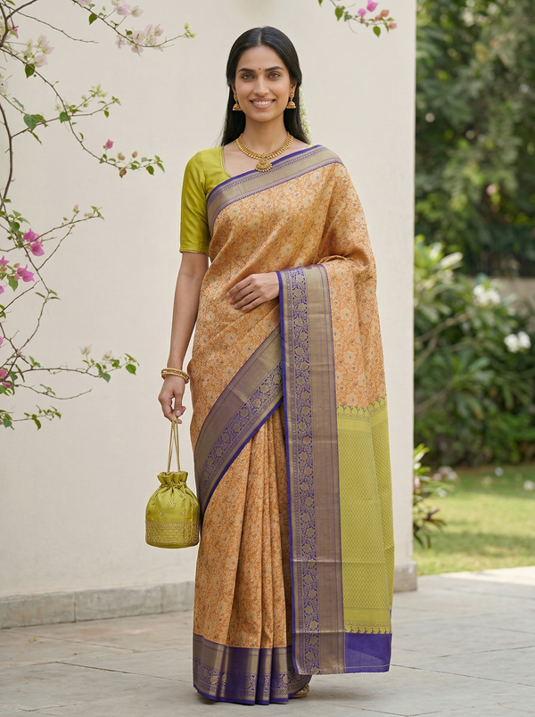 Champagne Gold Dharmavaram Inspired Semi Silk Saree with Medium Medium Contrast Border