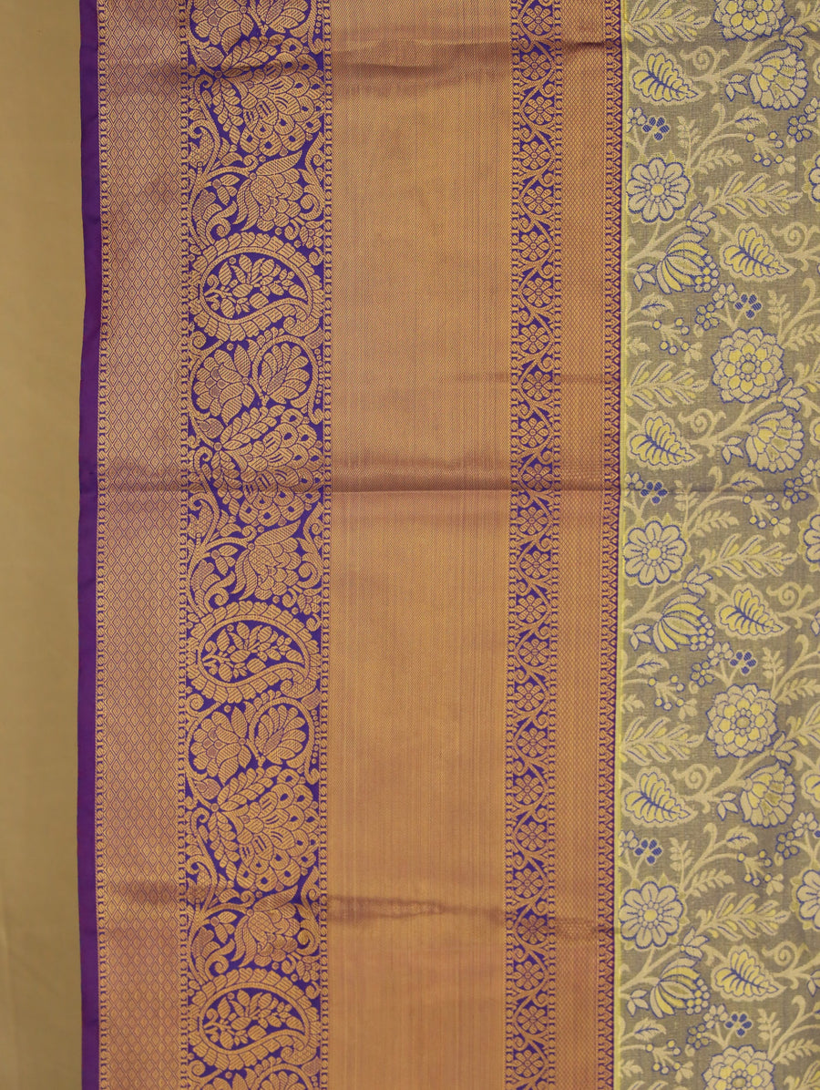 Champagne Gold Kanchipuram Inspired Semi Silk Saree with Wide Wide Contrast Border