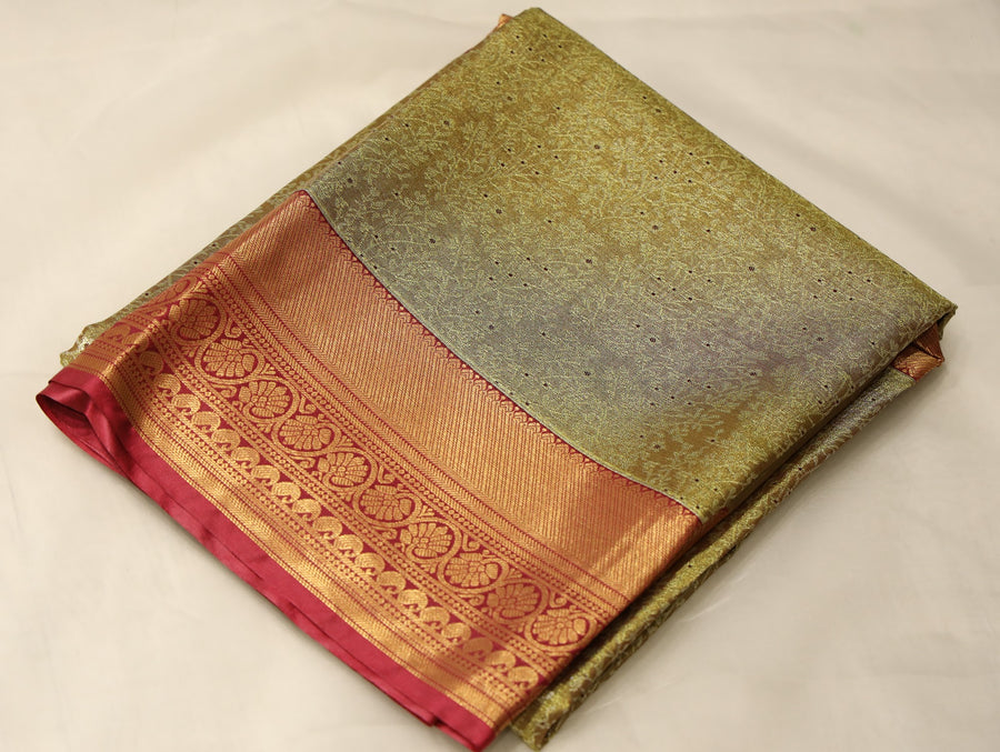 Olive Green Dharmavaram Inspired Semi Silk Saree with Wide Wide Contrast Border