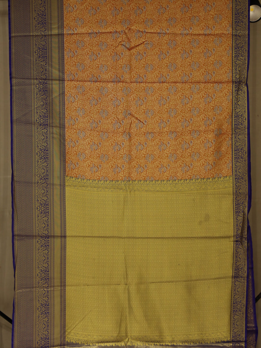 Sunset Orange Kanchipuram Inspired Semi Silk Saree with Wide Wide Contrast Border