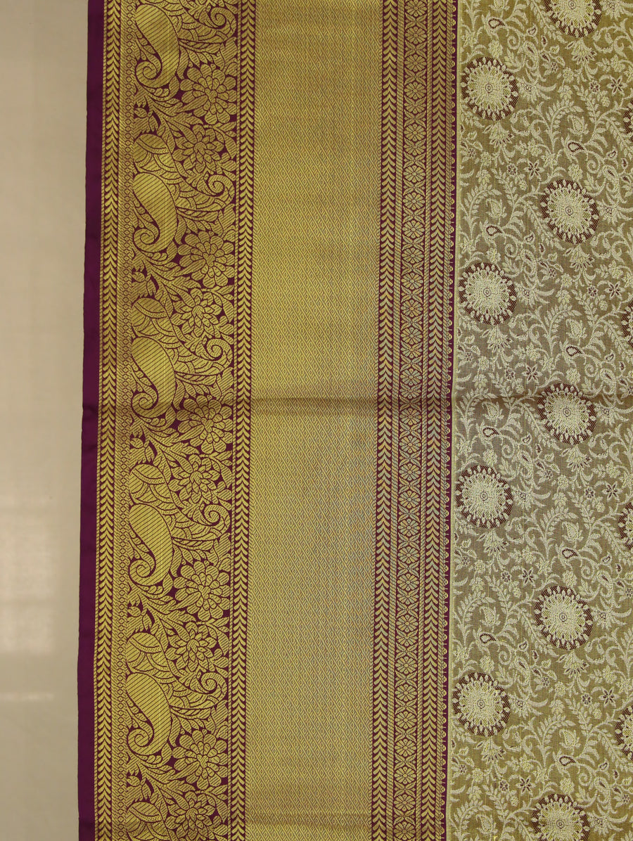 Champagne Gold Kanchipuram Inspired Semi Silk Saree with Narrow Narrow Contrast Border