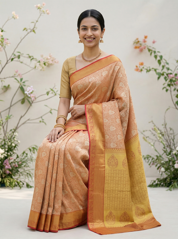 Champagne Gold Kanchipuram Inspired Semi Silk Saree with Wide Wide Contrast Border