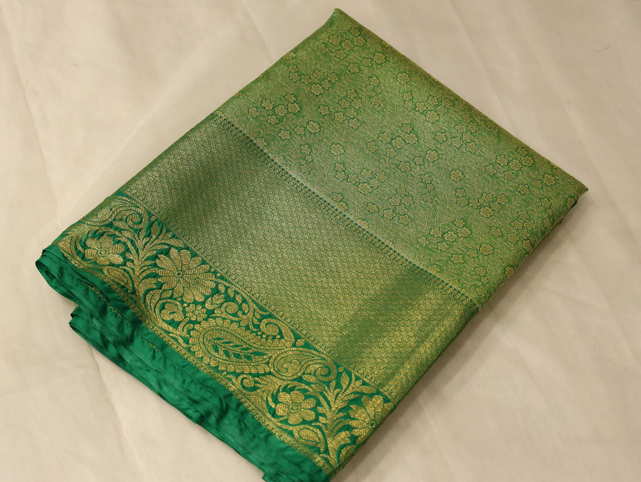 Olive Green Kanchipuram Inspired Semi Silk Saree with Medium Medium Contrast Border