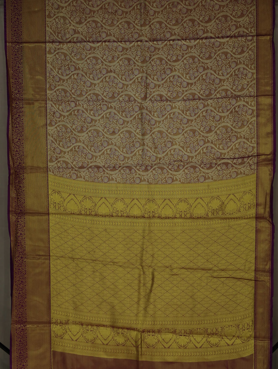 Champagne Gold Kanchipuram Inspired Semi Silk Saree with Wide Wide Contrast Border