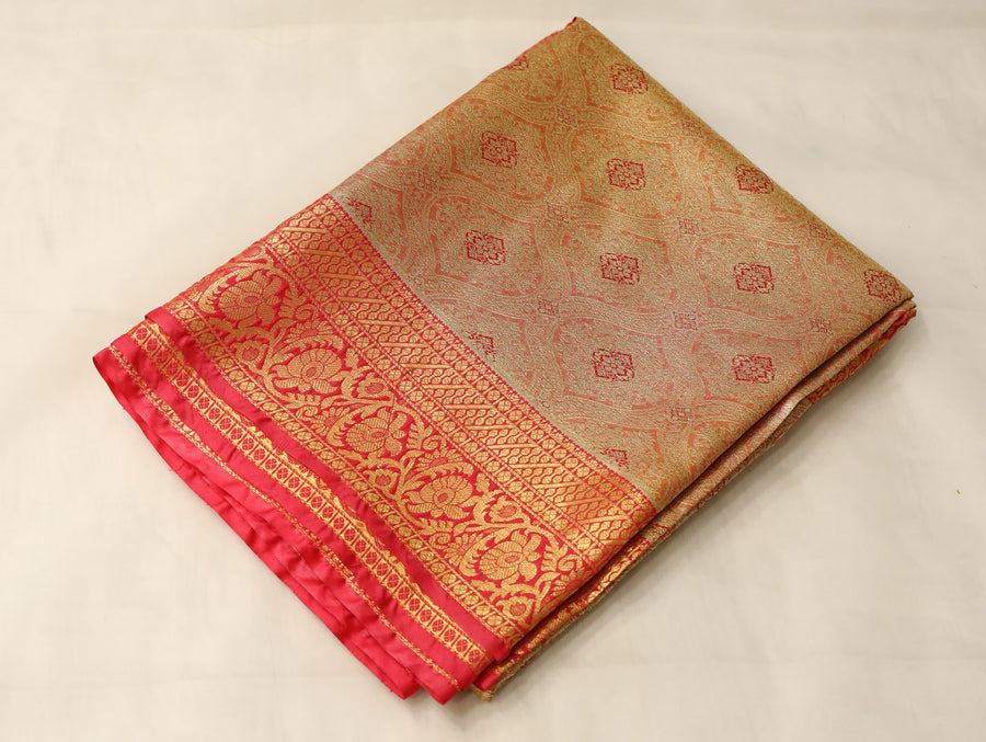 Champagne Gold Dharmavaram Inspired Semi Silk Saree with Wide Wide Contrast Border